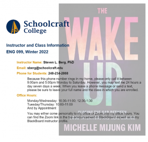 Part of a syllabus and the cover of The Wake Up