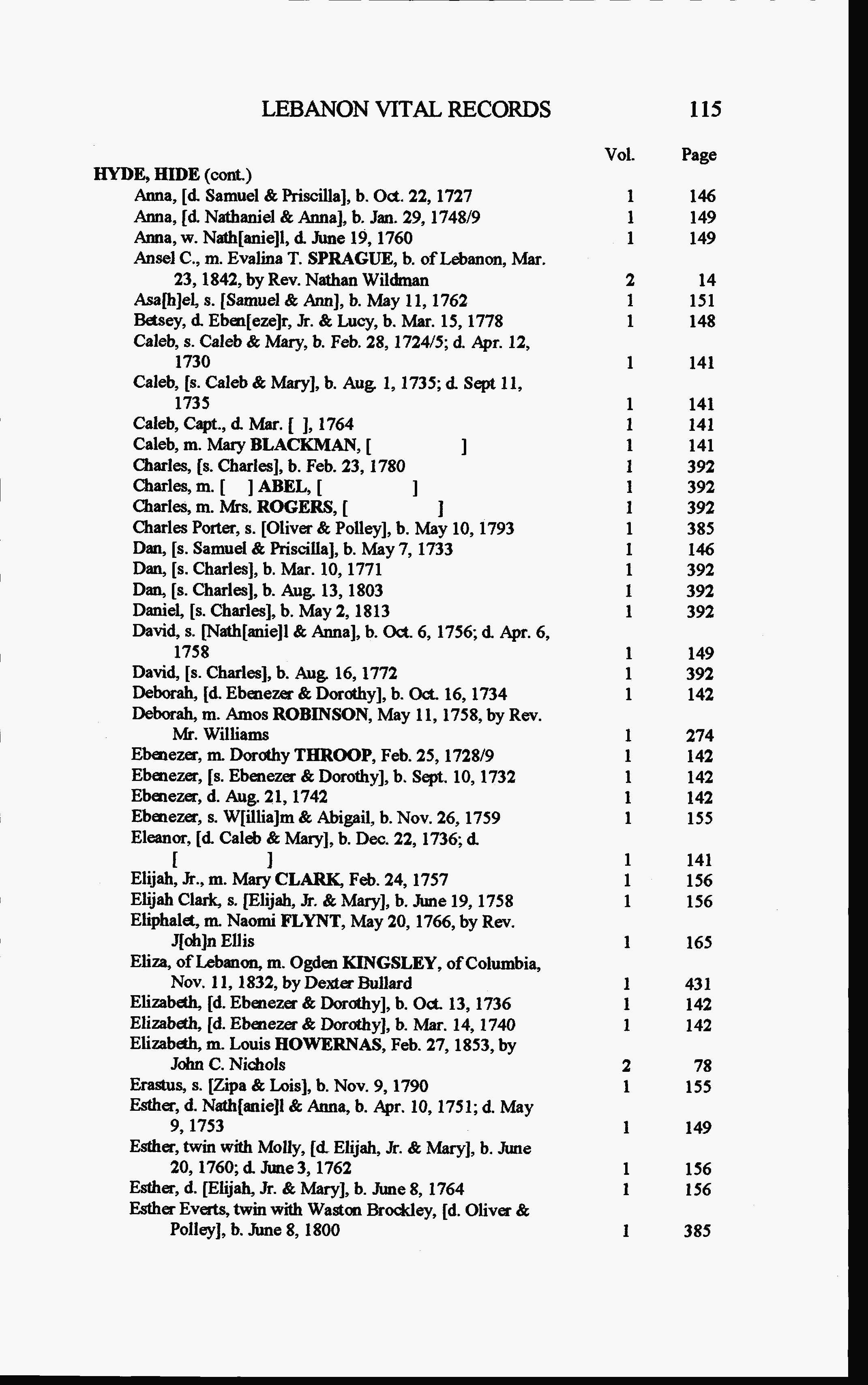 Marriage information for Eliphalet Hyde and Naomi Flynt.